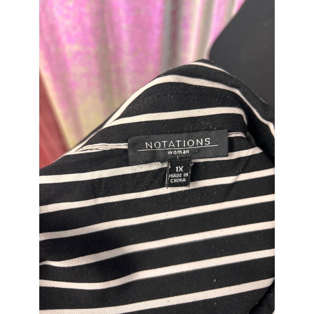 Notations Woman Black White Striped Roll Tab Sleeve Button Down Shirt 1X - Picture 7 of 12